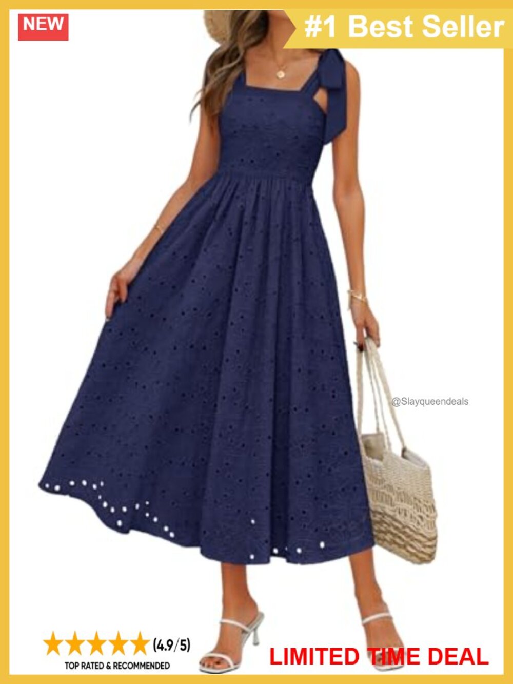 Sleeveless Eyelet Maxi Dress A-Line Square Neck Bow Straps